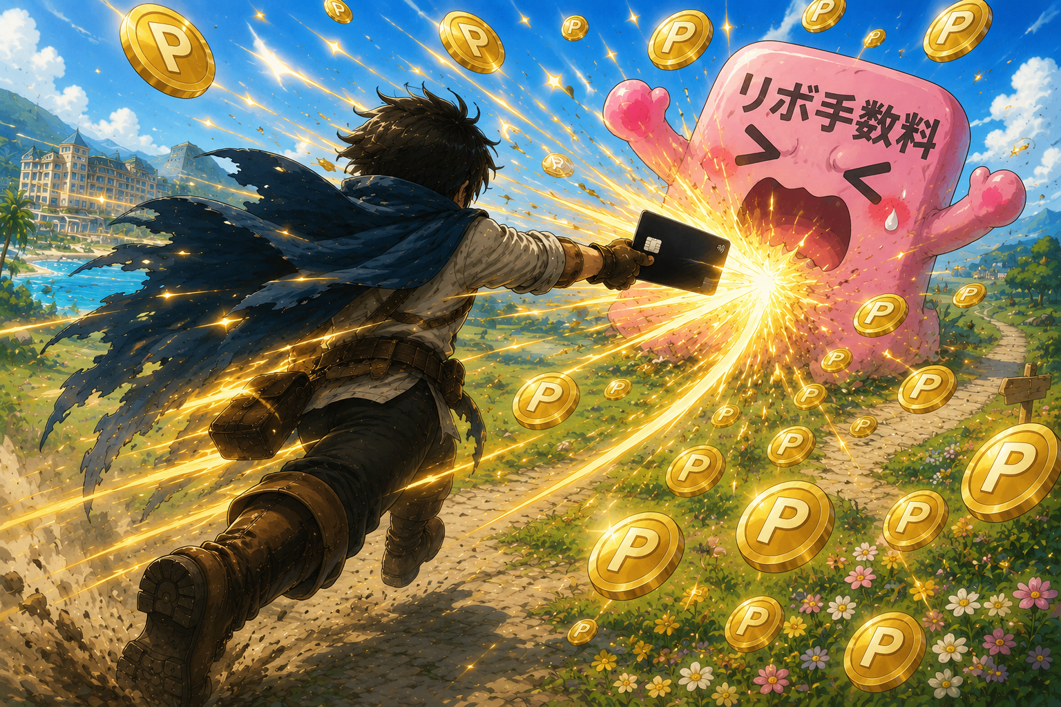 リボ手数料モンスターに黒いクレジットカードで攻撃し、ポイントが飛び散る旅人のイラスト