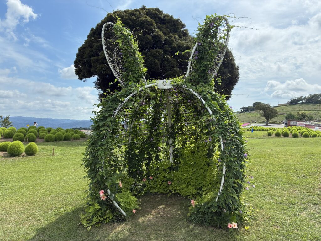 マザー牧場のコキア畑近くにある植物で覆われたウサギ型の撮影スポット