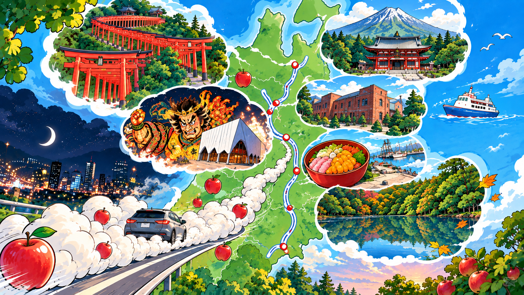 青森を車で巡る1日観光のルートと高山稲荷神社・岩木山神社・蔦沼などを描いた東北旅行のイメージ